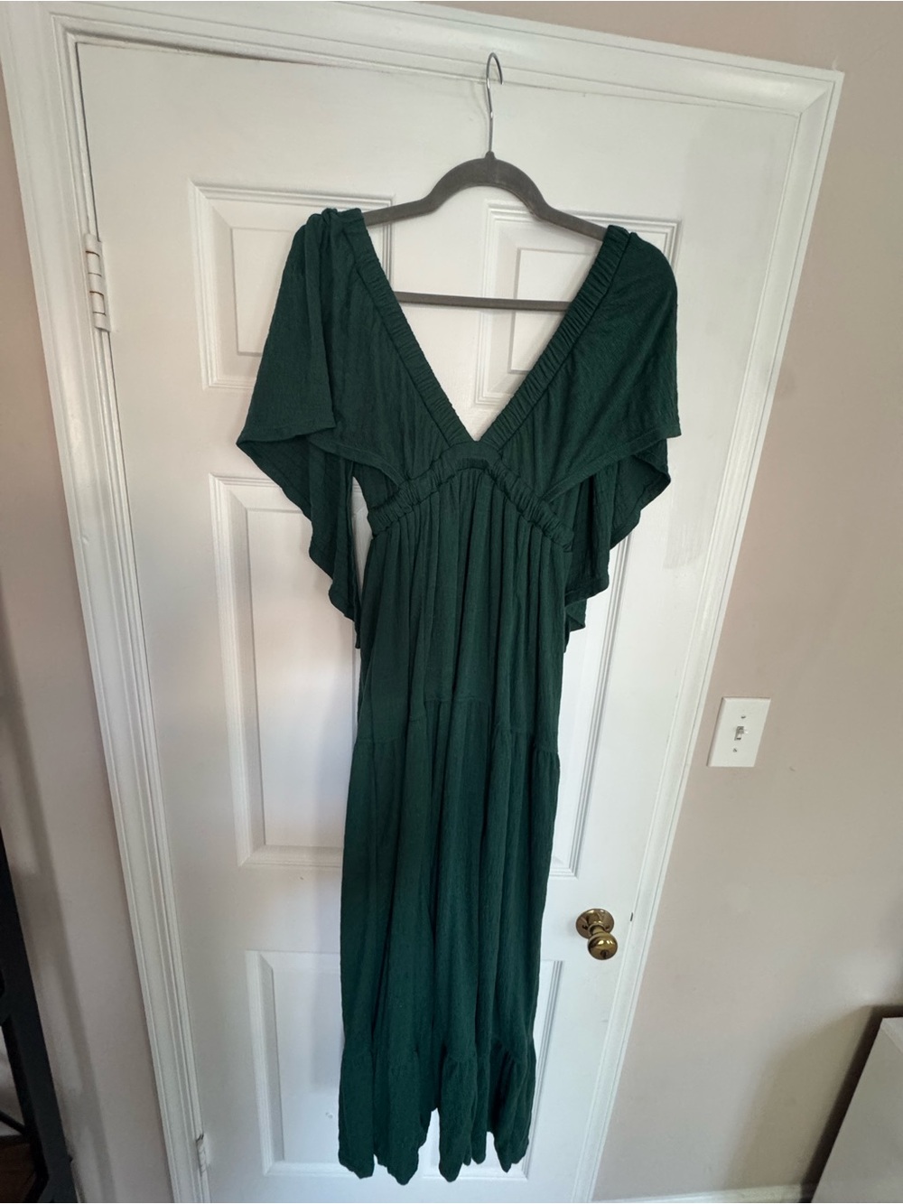Free People Women's XS Teal Green Flutter Sleeve Deep V Maxi Dress